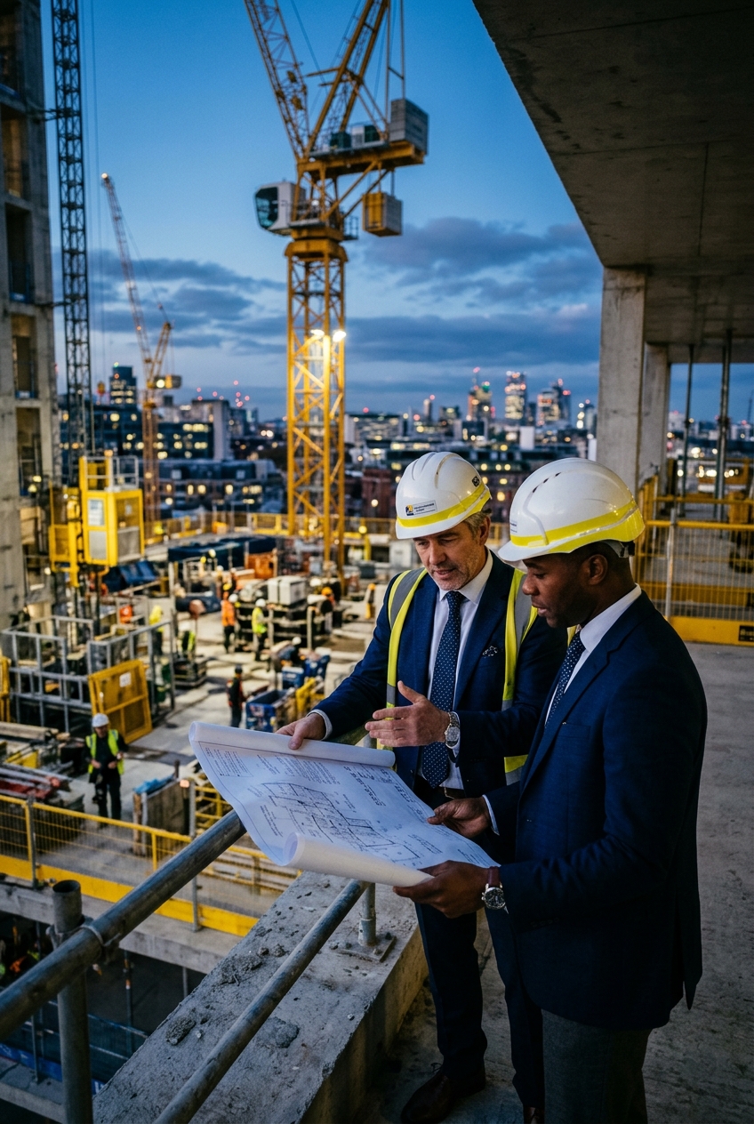 Two construction executives in hard hats reviewing blueprints on a high-rise site walk
