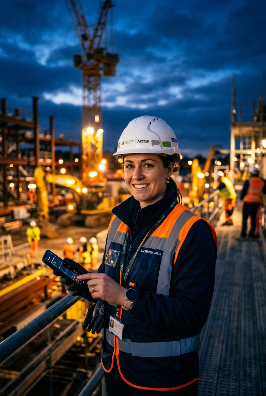 A construction professional holding a phone on a site at dusk with glowing yellow lights