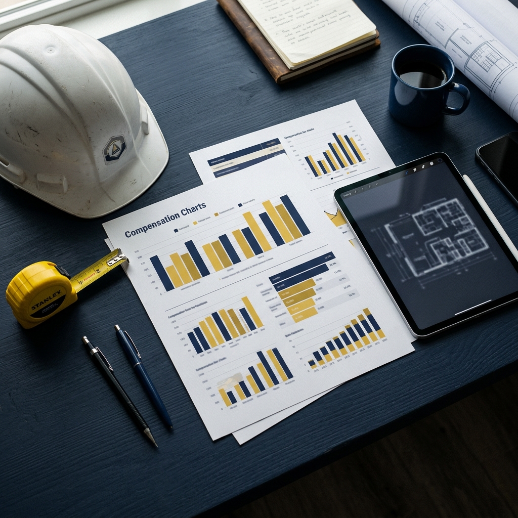 A construction project manager's desk with printed compensation reports, a white hard hat and a yellow measuring tape